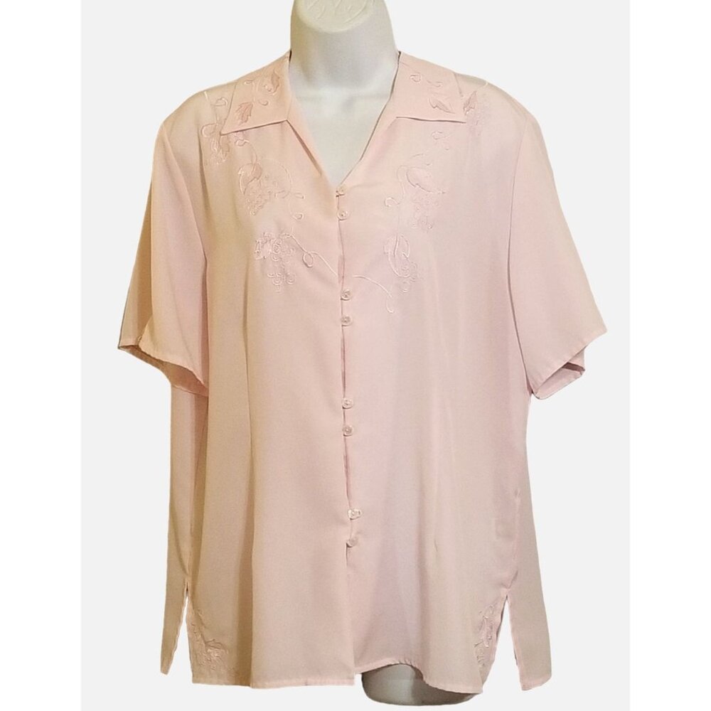 Claudia Richard Blouse Size 14 Pink Vintage 80's Button Front Embroidered Trim